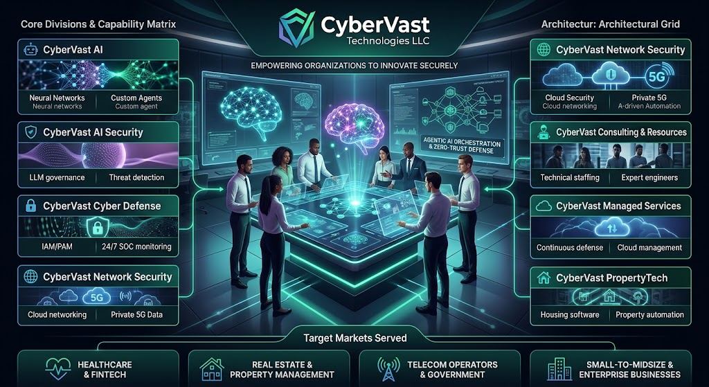CyberVast core divisions and capability matrix across AI, AI security, cyber defense, network security, consulting, managed services and PropertyTech