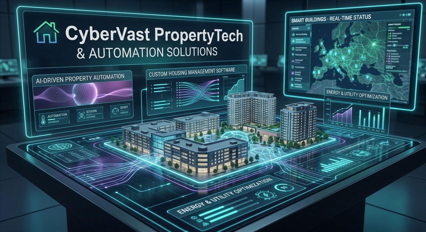 PropertyTech control surface showing smart building status, housing management software and energy optimisation